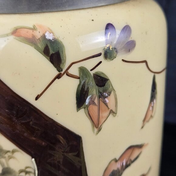Hand Painted Porcelain Biscuit Barrel Silver Tone Lid With Bird Floral Motif VTG - Picture 13 of 16
